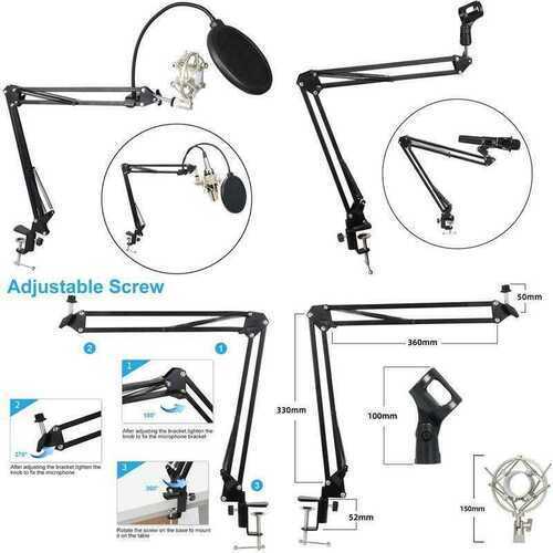 Microphone Scissor Arm Stand Mic Clip Holder Table Mounting Clamp Nw Filter Wind