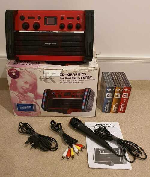 Easy Karaoke CD Graphics CD-G TV Karaoke Red Machine Speaker with Lights and Mic