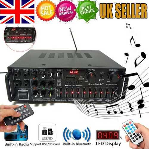 2000W 2 Channel Pro Bluetooth Amplifier AMP FM Stereo Audio Amplifier Power UK