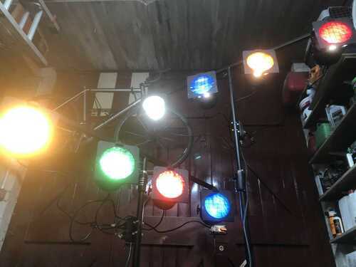 8x Black Stage Lights, Transcension DC-4P controller, stands and carry case