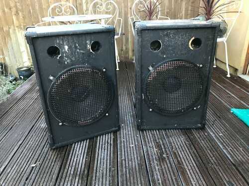 14 inch Used Passive PA Speakers. Purpose built/unknown brand. Solidly built.
