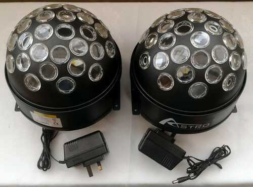 PAIR OF ACME ASTRO WHITE LED 'MIRROR BALL' LIGHTS, and PSU'S. USED.