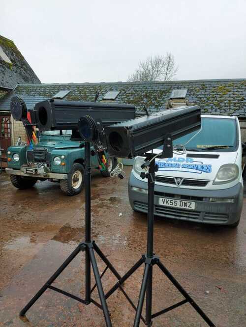 2x Lampo 1Kw follow spots and stands, used but in good working order