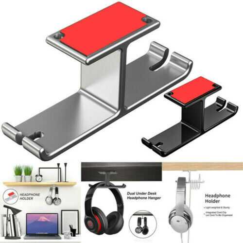 Aluminum Alloy Dual Headset Hanger Headphone Under Desk Hook Holder Stand Mount