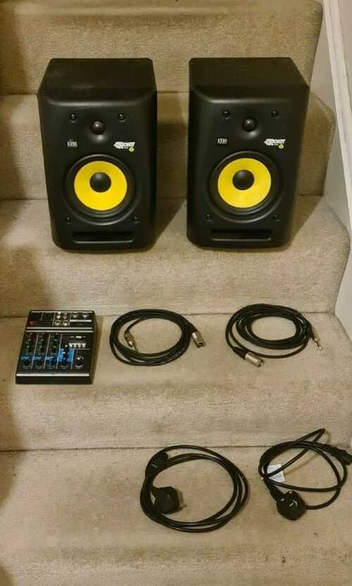 KRK Rokit 6 studio monitors, leads and audio interface