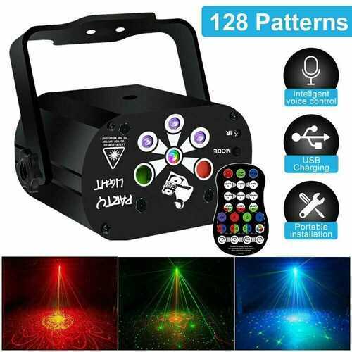 128 Patterns RGB+UV Laser Projector Stage Light LED USB Rechargeable Party Club