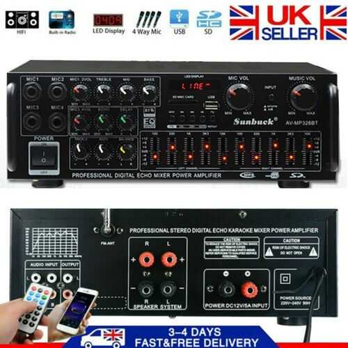2000W HIFI Bluetooth Stereo Amplifier Tuner 2CH USB SD Mic Input Remote Control