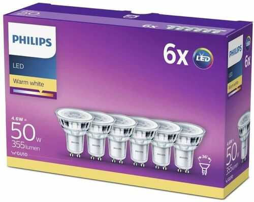 Philips LED GU10 Light Bulbs, 4.6 W (50 W) - Warm White, 6 Pack, White